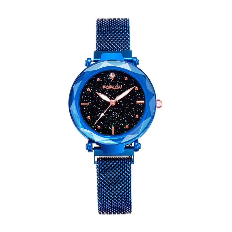 Blue Звездное небо женские часы кварцевые светящаяся огранка камня цветочное зеркало женские часы минималистичные магнитные Relogio Feminino Роскошные - Цвет: Blue