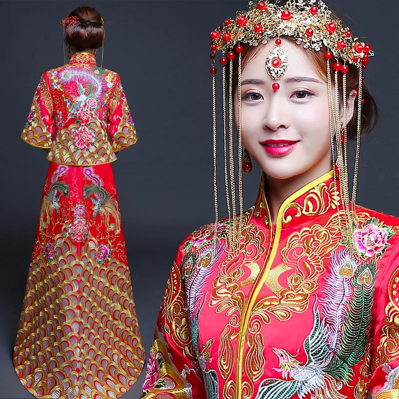 Традиционная вышивка китайский брак Ципао Феникс и цветок элегантный Vestidos шлейф платье винтажное женское платье-Ципао костюм