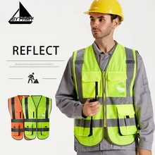 Безопасная одежда, Светоотражающий Жилет высокой видимости, одежда для дорожного движения, много карманов, день-ночь, защитный аксессуар Предупреждение ющий жилет