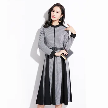 

2020 women 2019 autumn new women's Korean retro skirt waist was thin contrast color round neck big swing dress women