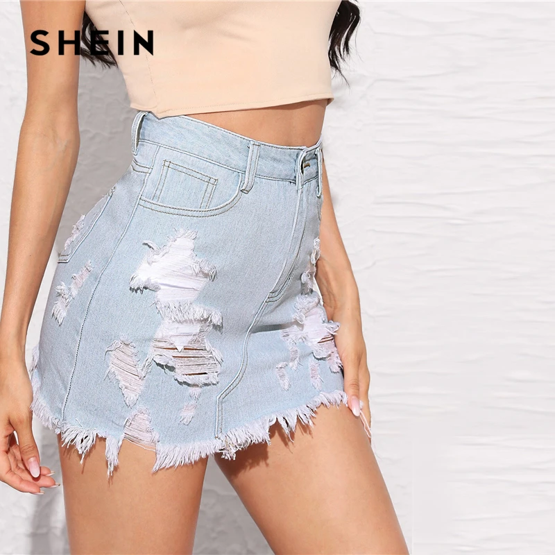 SHEIN пастельный синий Необработанный Край рваные детальные джинсовые юбки женские летние на молнии Fly Bodycon Средняя Талия Повседневная мини юбка-карандаш