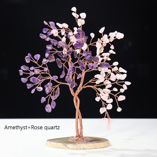 Healing Crystal Fortune Tree Amethyst Rose Quartz Agate Slice Base Feng Shui Trees For Home Desktop Decoration Gift