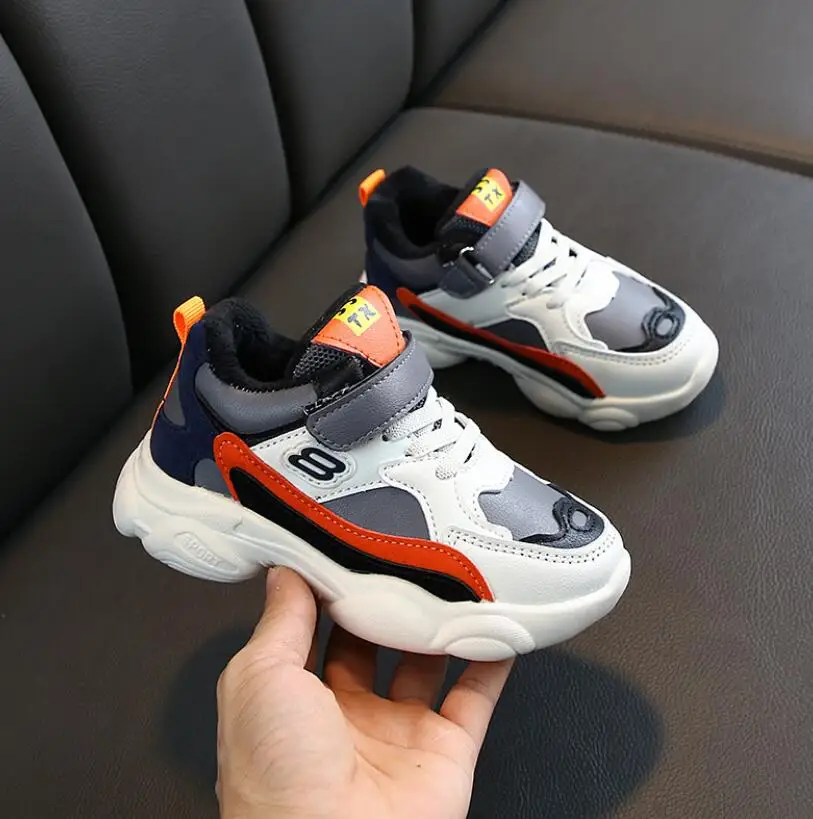 Autumn Boys Sport Shoes Child Basketball Shoes Leather Fashion Running Toddler Shoes Kids Outdoor Ankle Boots Plush Warm Sneaker - Цвет: Orange