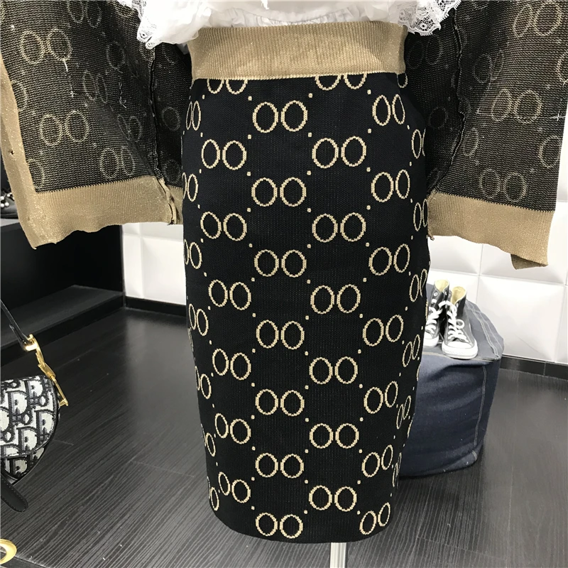 ALPHALMODA осень зима элегантный женский вязаный жакет+ юбка костюмы с v-образным вырезом геометрический узор OL модный вязаный наряд