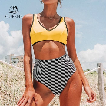 

CUPSHE Yellow And Black Stripe High-waisted Bikini Two Pieces Swimwear Women 2020 Girl Beach Bathing Suits