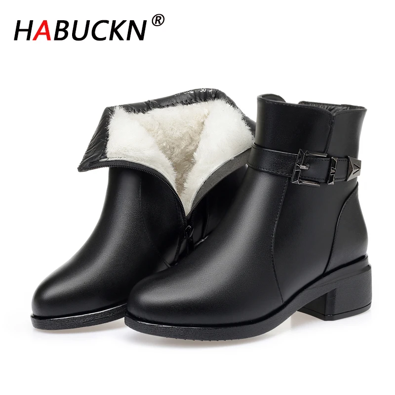 Зимние ботинки HABUCKN теплая обувь из натуральной кожи плюшевые модные ботильоны