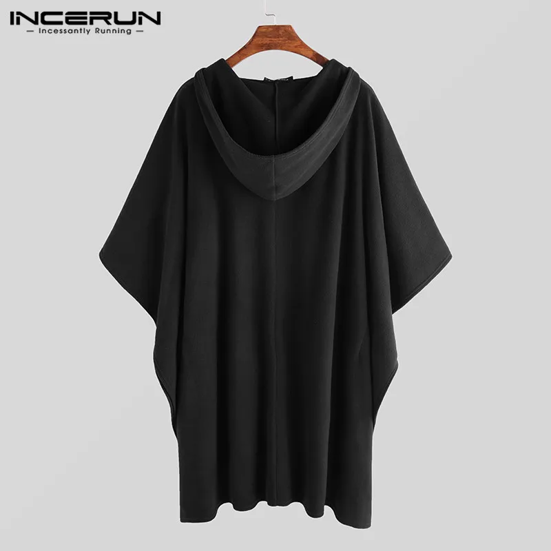 INCERUN, модный Мужской плащ, пальто с капюшоном, однотонный цвет, накидка, пончо,, свободный v-образный вырез, уличная одежда, пальто, неровный, мужской длинный Тренч, S-5XL