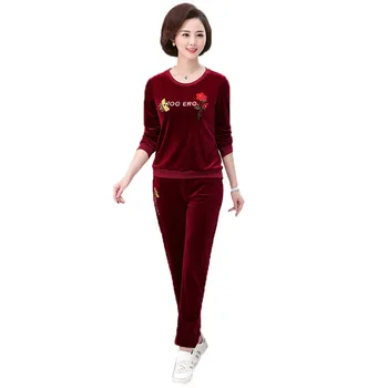 

Gold velvet Tracksuit Sport Suit Women Middle-aged elderly pullovers Top + sweatpant Two Set female mother Plus Size Sportswear