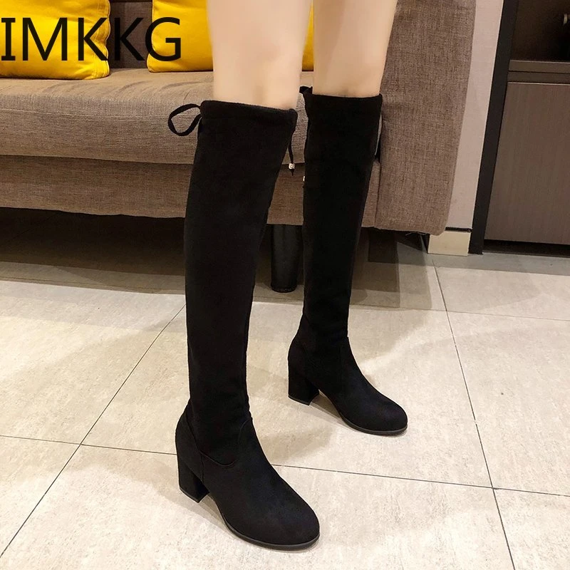 Botines negros cálidos para mujer, botas largas hasta la rodilla con cordones y cabeza redonda, zapatos de tacón alto, invierno, hasta la rodilla| - AliExpress