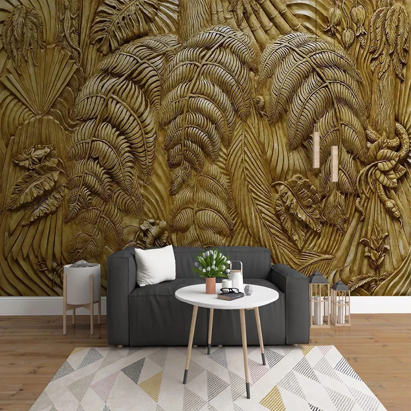 

Drop Shipping Custom Wallpaper Painting European Style 3D Stereo Embossed Golden Leaf Animal Wall Murals Non Woven Wallpaper