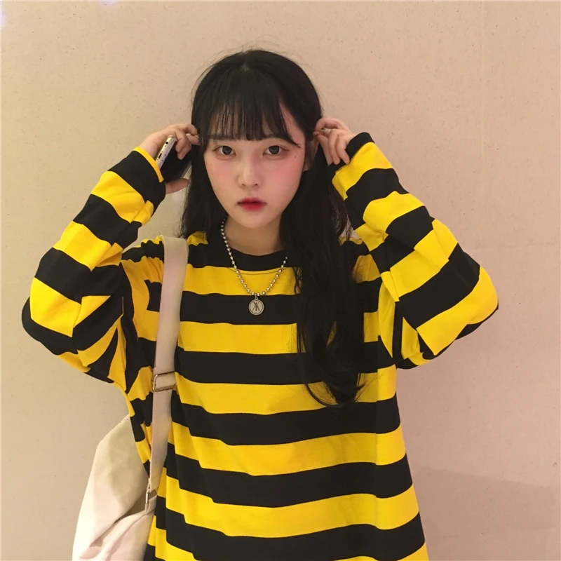 Корейский ulzzang студентов Harajuku негабаритных полос ленивый ветер Забавные Зимние Теплые Топы повседневные с длинными рукавами bf женские свитера - Цвет: Цвет: желтый