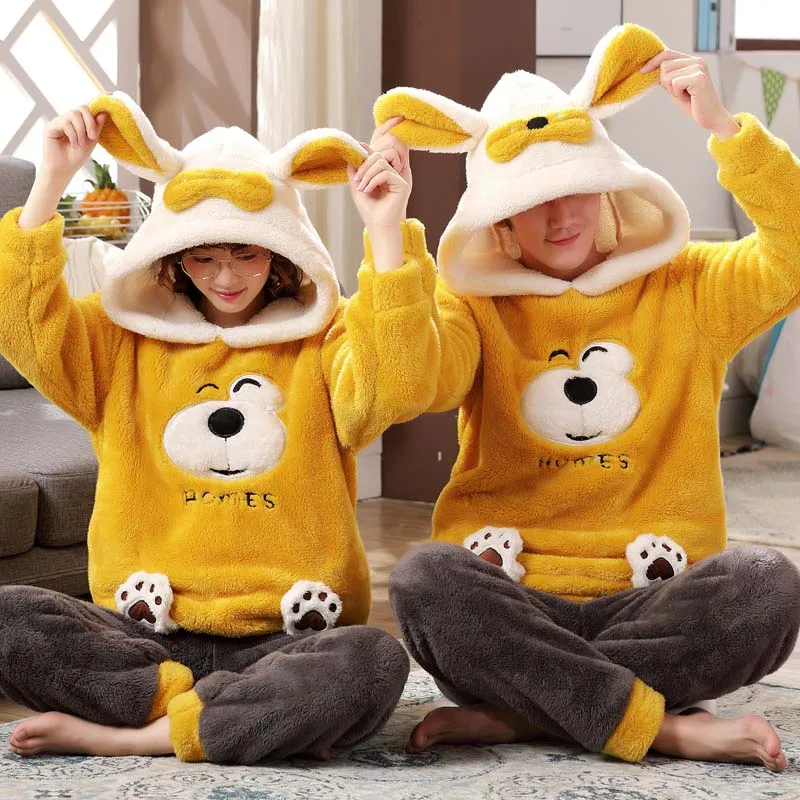Yellow Smile Dog Зимняя одежда для сна для взрослых, бархатная утепленная Пижама с капюшоном, набор, унисекс, пара пижам, милая фланелевая теплая домашняя одежда для женщин - Цвет: Yellow Smile Dog