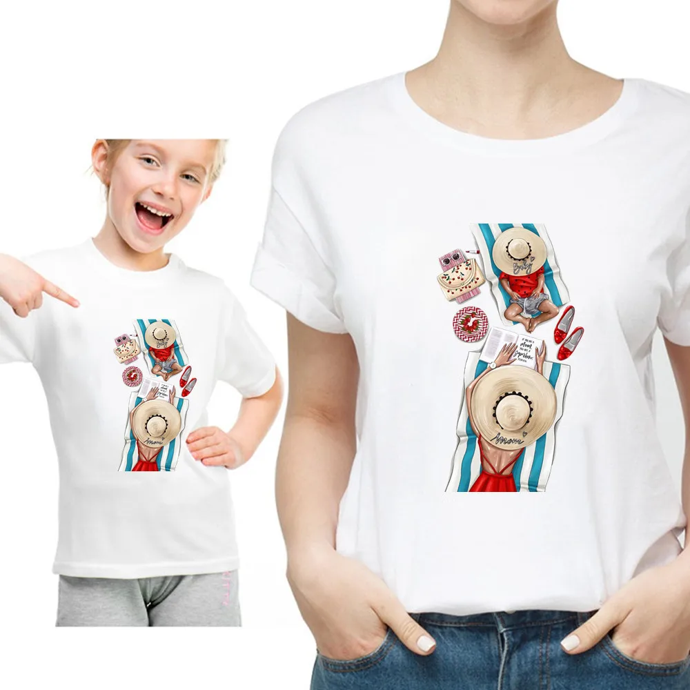 Забавные летние Семейные комплекты; Kawaii; белая футболка; Одинаковая одежда для мамы и дочки; семейная футболка - Цвет: QZ0035-13