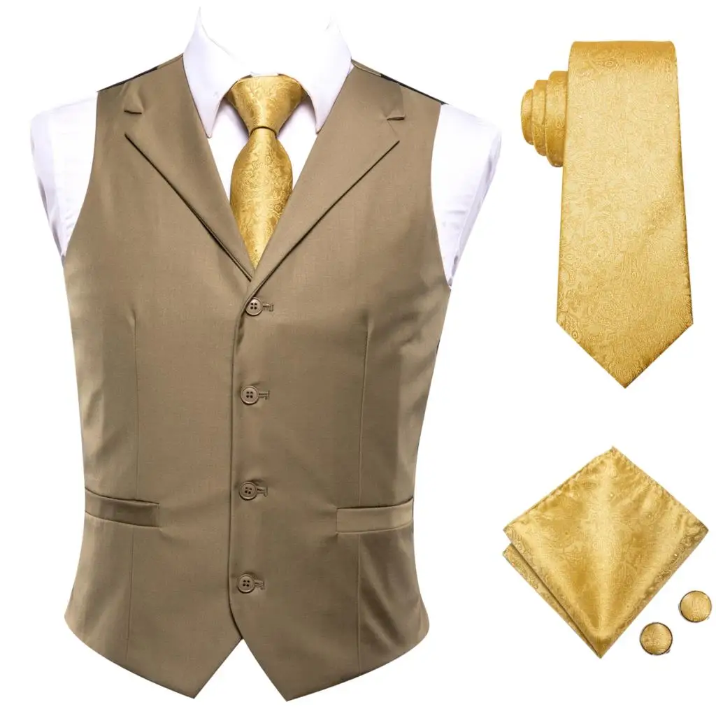 Hi-Tie Luxury Silk Mens Vests Coffee Solid Waistcoat Men Vest Gold Brown Neck tie Hanky Cufflinks Set for Dress Suit Business sport coat
