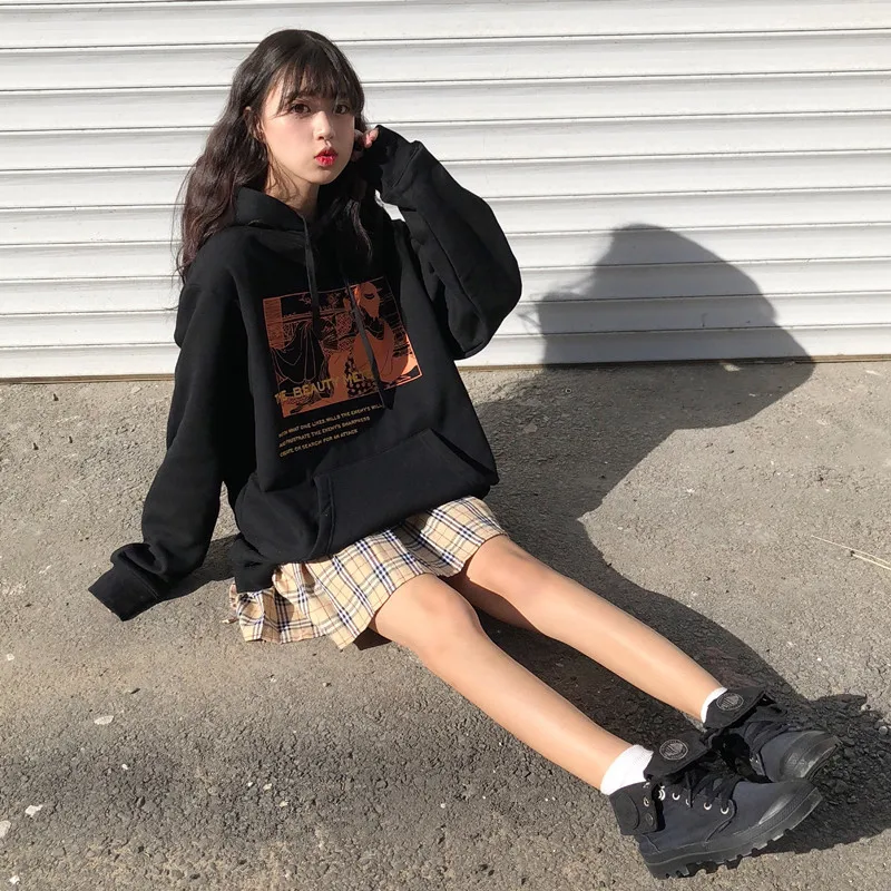 Осенняя толстовка с капюшоном, женская одежда в Корейском стиле Ulzzang Harajuku, свободные толстовки с принтом, Женская флисовая толстовка с капюшоном и длинным рукавом