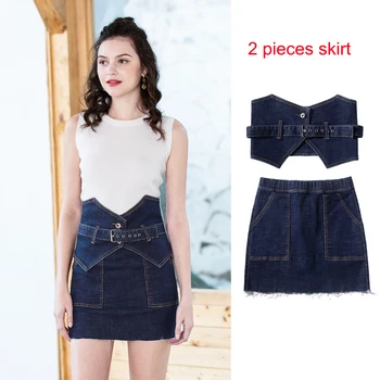 

FLOWER SKY 2 Pieces Denim Skirts With Belt Elastic Waist Skirt Elegant High Waist mini pancil Skirt Summer