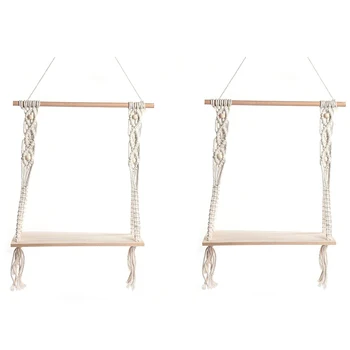 

2Pc Hand-Woven Macrame Tapestries Rack Wooden Shelves for Wall Bohemian Decorative Shelves Wall Hanging Shelves Ornament