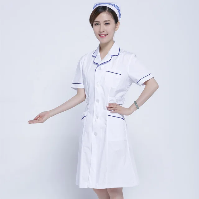Белое хлопковое пальто, белое хлопковое пальто с короткими рукавами, одежда для работы с врачом, медицинское платье с длинными рукавами для больниц, цвет белый, синий - Цвет: Jacket and cap