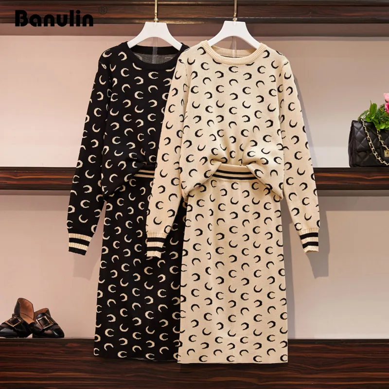 

Banulin Women Knit Sweaters Skirts Sets Long Sleeve Letter Knit Pullover Tops Bodycon Skirt 2PCS Set Clothes Suits for Woman
