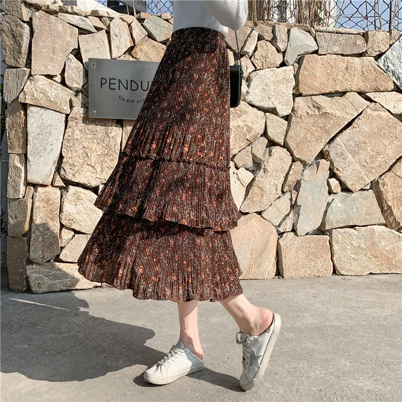 L-4XL размера плюс женские плиссированные юбки весна модная эластичная высокая талия цветочный принт каскадная плиссированная миди длинная шифоновая юбка