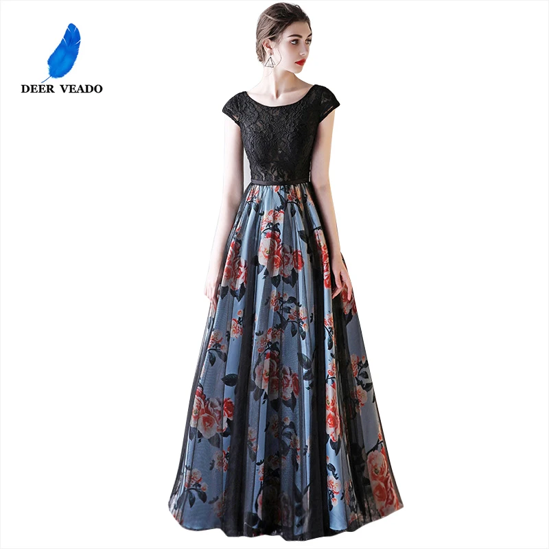 

DEERVEADO Cap Sleeve Elegant Evening Dresses Long Flower Pattern Short Sleeve Lace Dress Evening Gowns Formal Party Dresses M246