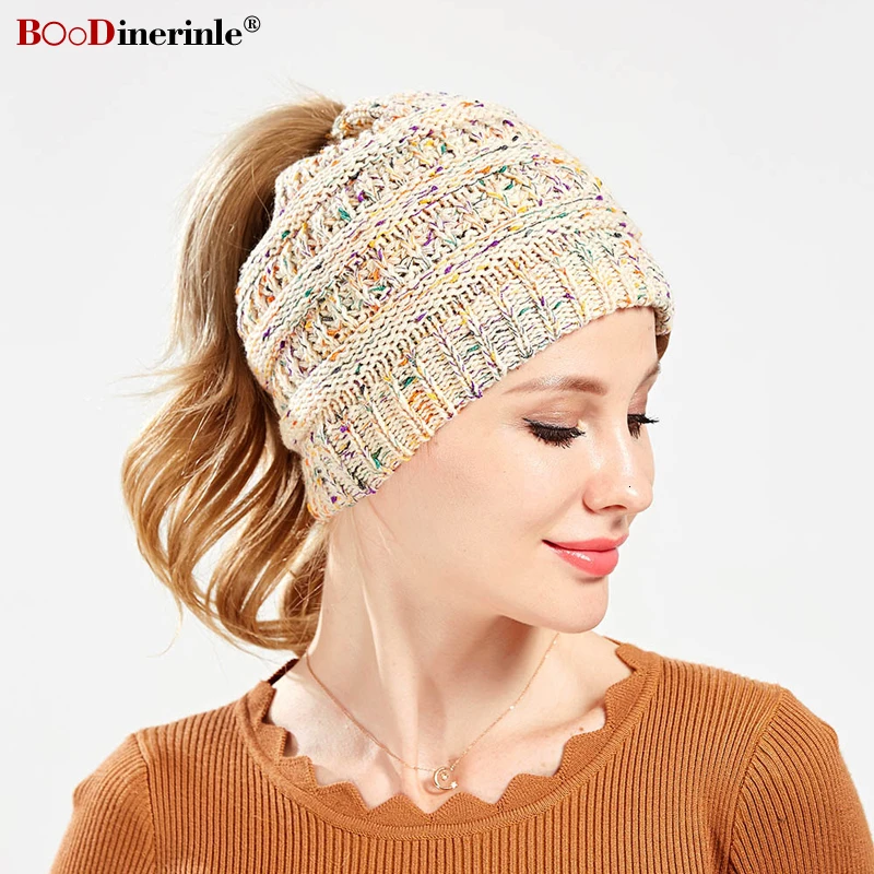 

BOoDinerinle Beanie Ins Flex Variegated Women Hats Wool Knitting Hat Popular Ma'am Ponytail Braid Hats Winter Cap