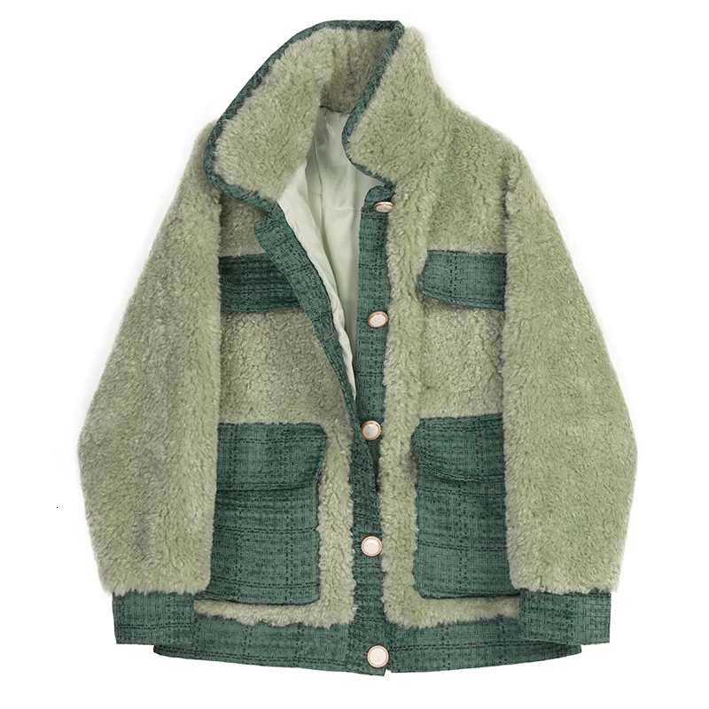 [EAM] Loose Fit Contrast Color Lambswool Split Jacket New Lapel Long Sleeve Women Coat Fashion Tide Autumn Winter 1K554