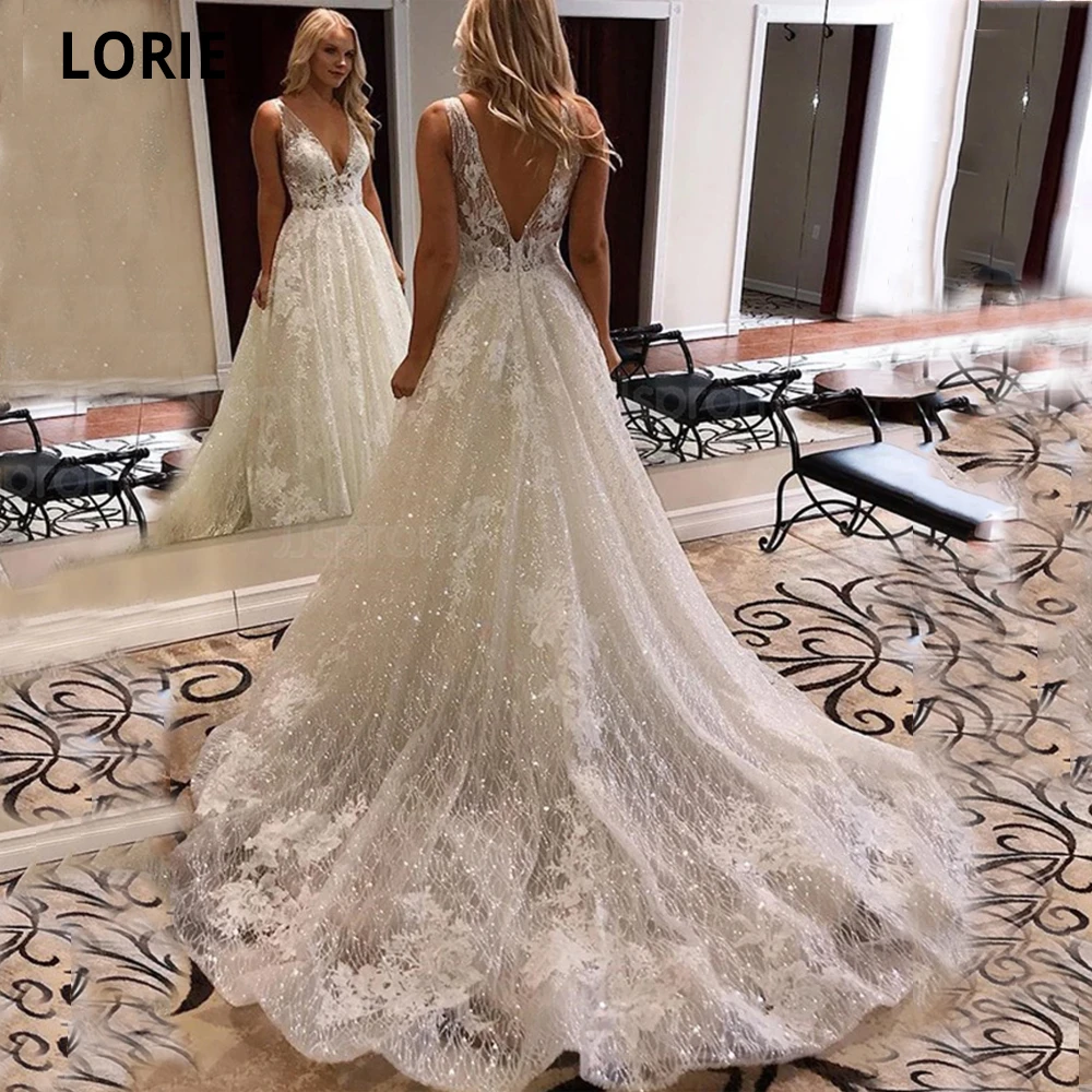 Lorie Robe De Mariee En Dentelle Ivoire Brillante Tenue De Plage En Tulle Style Boho Elegant Dos Ouvert Longue Traine Aliexpress