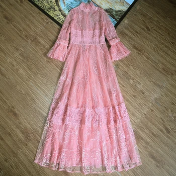 

VERDEJULIAY Luxury Fashion Pink Maxi Dress Runway Plus Size Flare Sleeve Flower Embroidery Ruffles Hollow Out Long XXX Dress