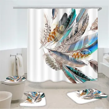 

3pcs Feather Series Bathroom Mats Set Waterproof Shower Curtain Anti-Slip Pedestal Rug Lid Toilet Cover Shower Floor Toilet Rug