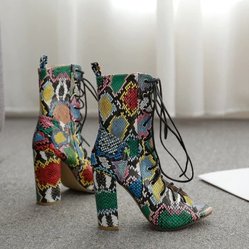 

2020 spring, summer and autumn new fashion all-match high-heeled snake print lace-up plus size female short boots