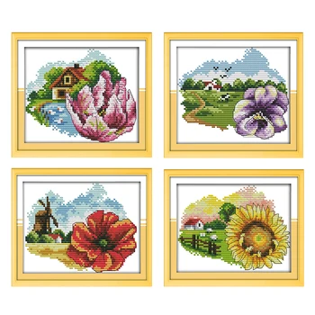 

Four Season Flowers Cross Stitch Flower Plant Embroidery Kits Stamped Cross Stitch 14CT 11CT Embroidery Handmade Needlework Sets