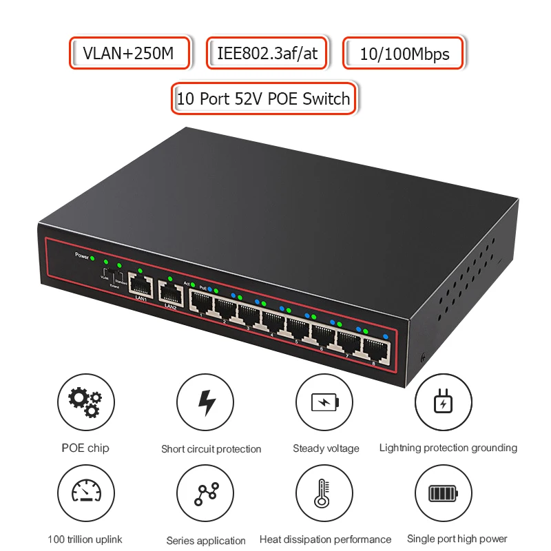 10Port POE Ethernet Switch 48V VLAN 10/100Mbps IEEE 802.3 af/at Network Switch for CCTV IP Camera Wireless AP 250M Drop Shipping