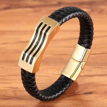 

Special Geometric Pattern Stainless Steel Accessories Stripe Design Combination Men's Leather Black Bracelet Commemorative Gift