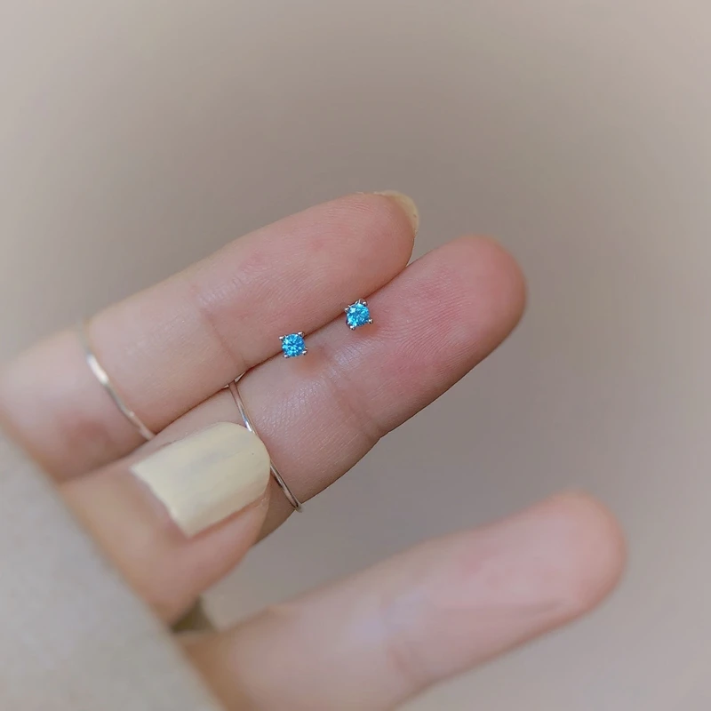 Silvology 925 Sterling Silver Blue Topaz Small Stud Earring for Girls Mini Anti-allergy Hawaii Earring Ladies Aesthetics Jewelry