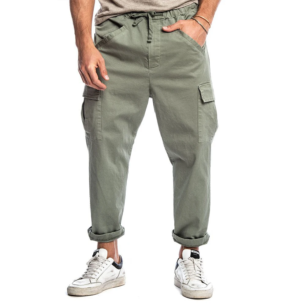 

Man Pants Solid Loose Pocket Cargo Pants Straight Mid Waist Ankle Length Trousers For Man Male Casual Drawstring Trousers D30