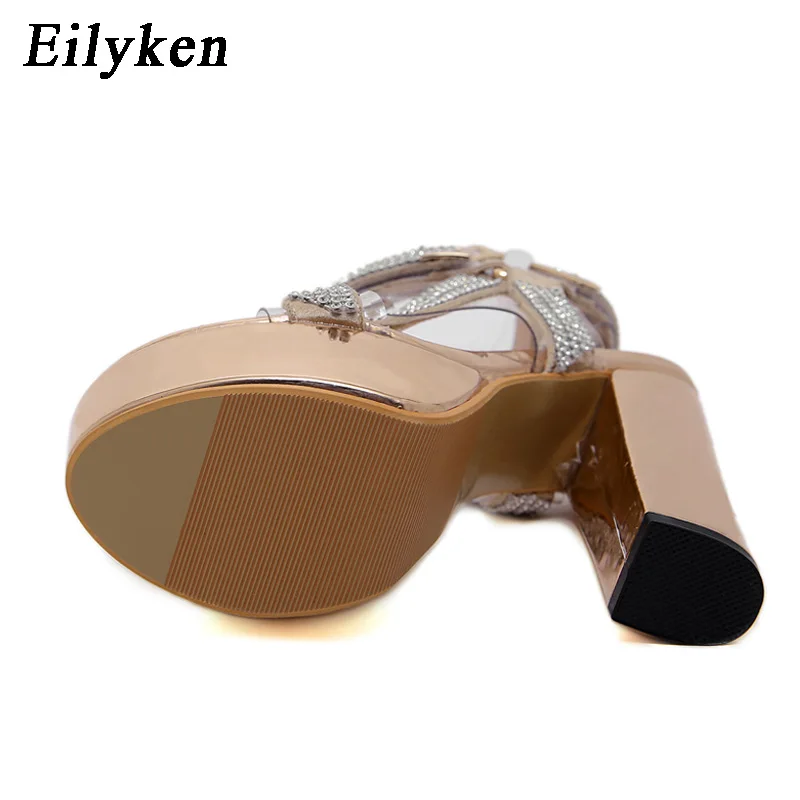 Eilyken Fashion Platform Crystal Ankle Transparent Strap Women Sandals Summer Open Toed Metal Buckle Nightclub High Heels Shoes