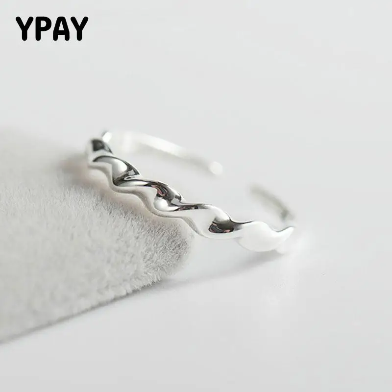 

YPAY Korean Simple Wave Ring for Girls Women 100% Authentic 925 Sterling Silver Open Adjustable Rings Fine Jewelry Gift YMR440