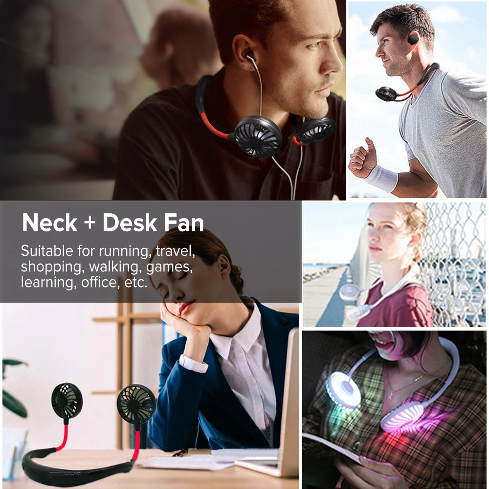 Мини Портативный подвесной вентилятор на шею USB перезаряжаемый двойные