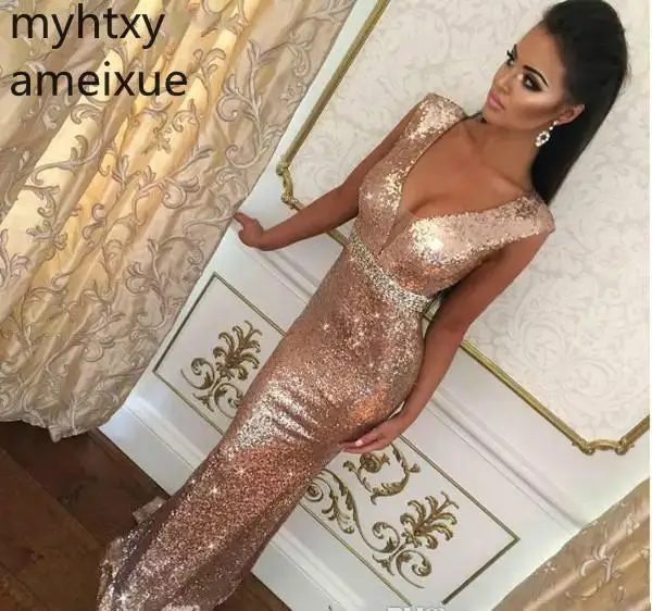 Mermaid Sexy Evening Dresses 2021 Rose Gold Deep V Neck Formal Women Holiday Wear Celebrity Party Gowns Custom Made Event Dress | Свадьбы и