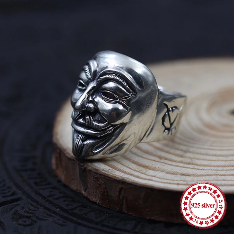 

S925 sterling silver men's open ring personality classic retro series V revenge team masks send lover gift ornaments