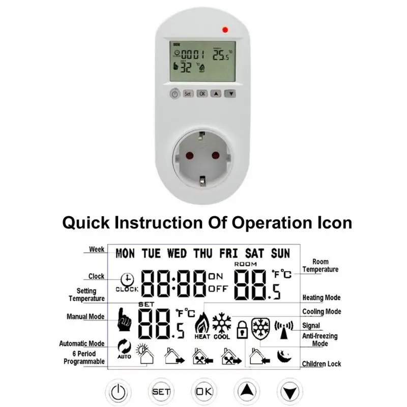  Programmable Plug in Thermostat EU Socket 16A Electric Heating Underfloor Room Temperature Controll
