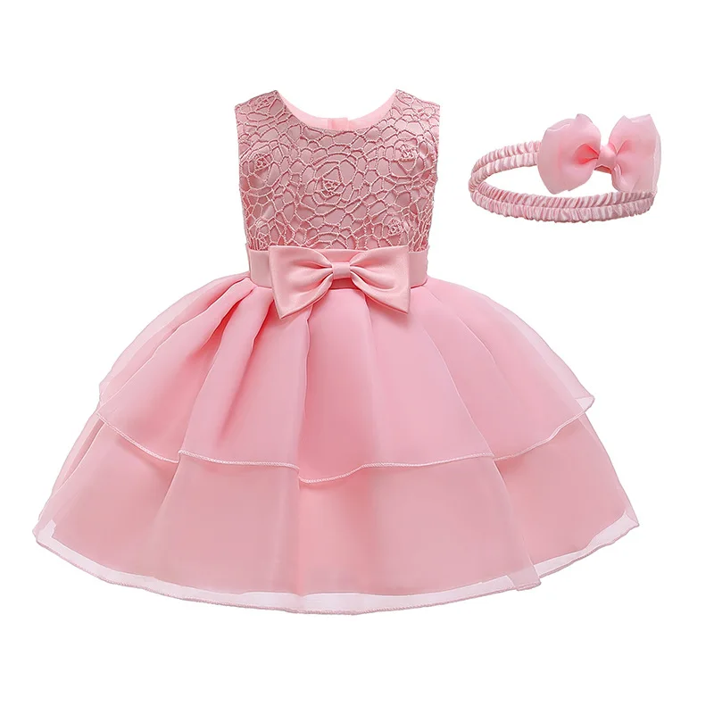 Кружевное платье принцессы с бантом+ повязка на голову для малышей, белое однотонное платье для девочек, Рождественский подарок на выпускной вечер, одежда для маленьких девочек - Цвет: Розовый