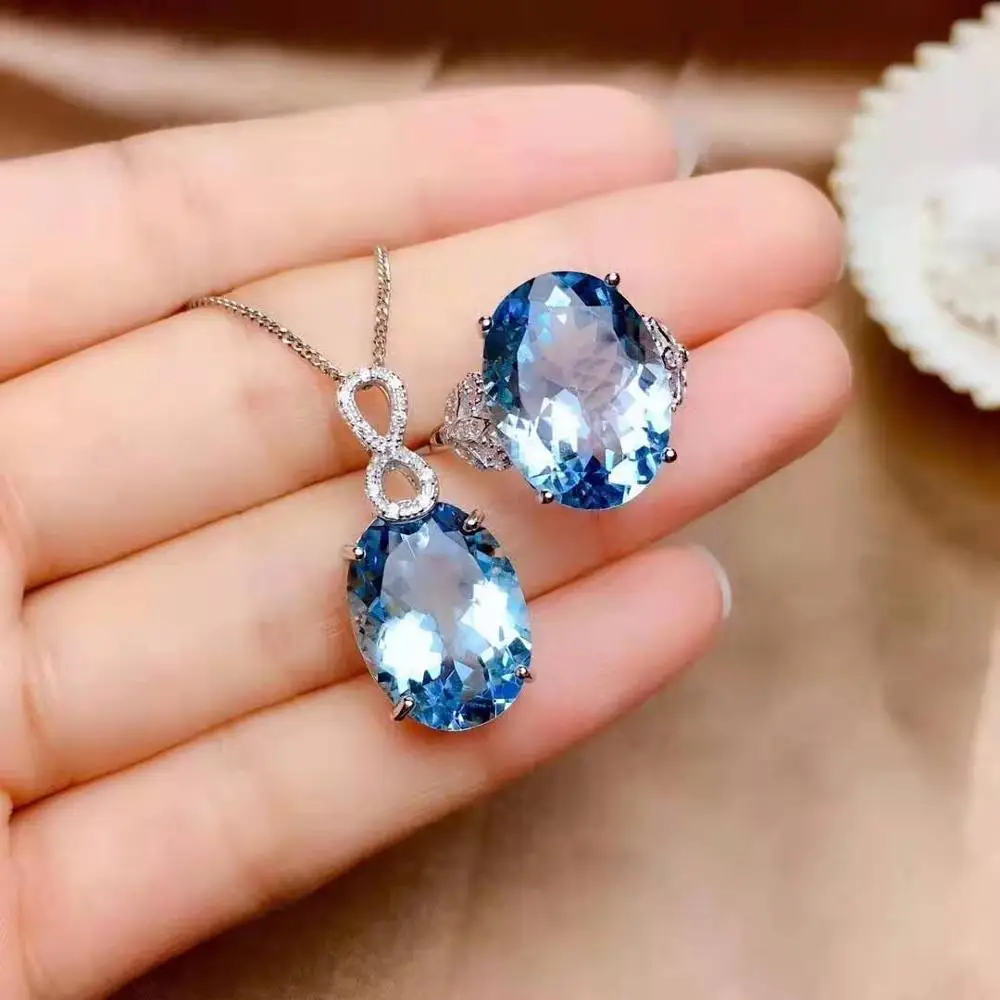 Platinum Set Небесно-Голубой топаз S925 кольцо кулон набор модный и элегантный для женщин - Цвет камня: Platinum Set