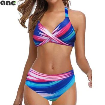 

2020 Plus Size 5XL Women High Waist Swimwear Sexy Bikini Fission Two Piece Swimsuit Fashion Swimming Suit Wave Point Tankini
