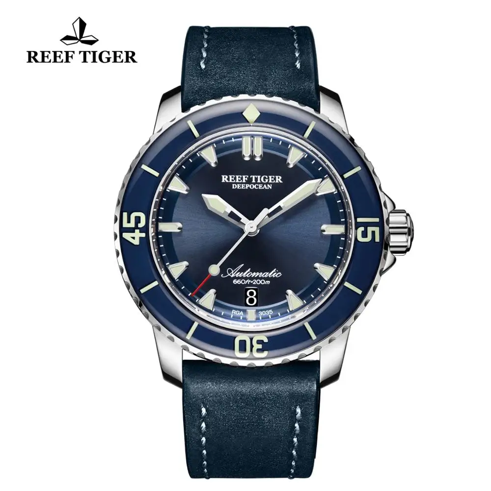 Reef Tiger/RT супер светящиеся часы для дайвинга Мужские аналоговые автоматические водонепроницаемые часы с синим циферблатом Relogio Masculino RGA3035