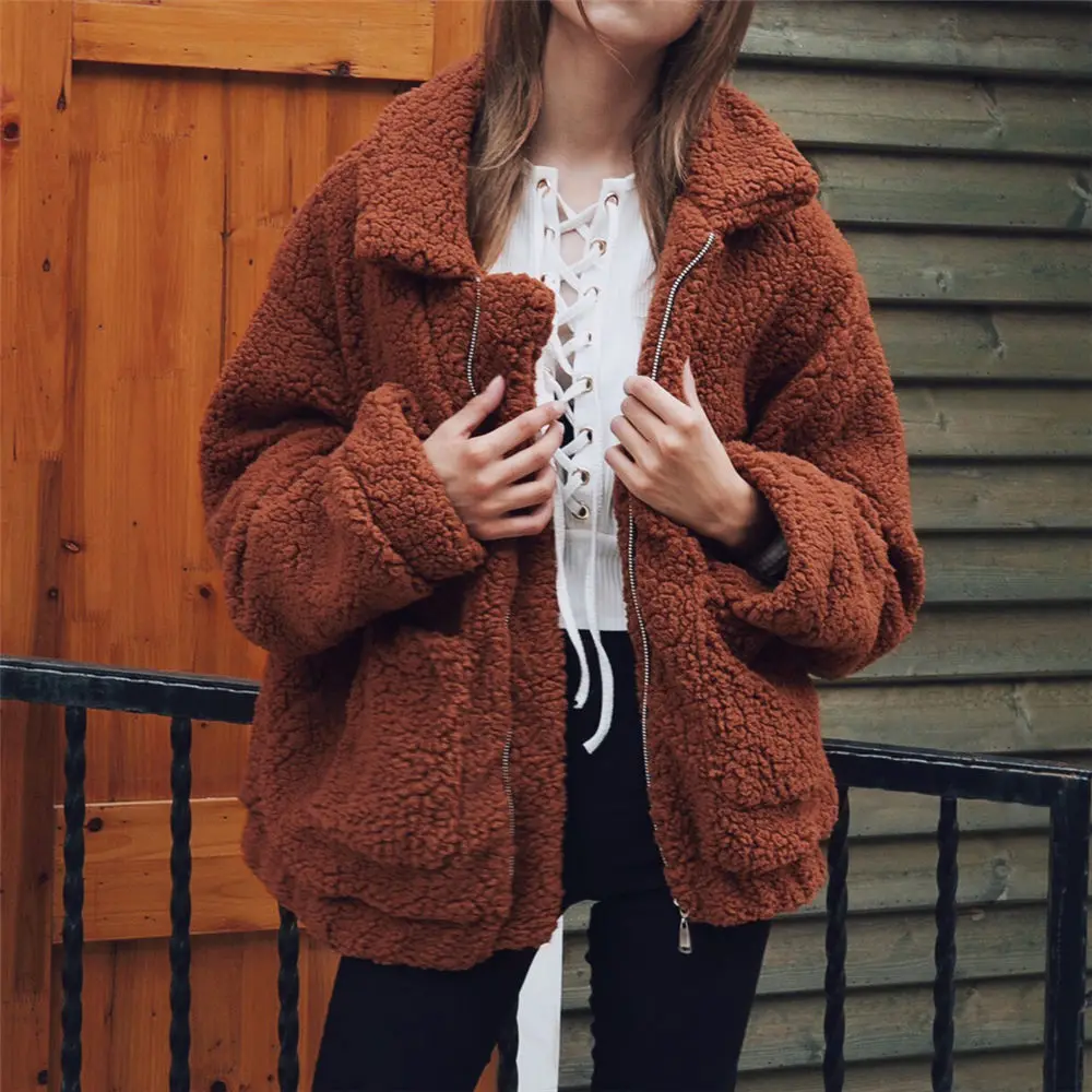 

Women Teddy Fleece Sweater Double Sided Sherpa Zipper Cardigan Female High Quality 2019 Winter Fall Fluffy Sweaters Warm Coats