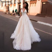 Свадебное платье трапециевидной формы со смайликом, блестящее свадебное платье в стиле бохо, v-образный вырез, арабское свадебное платье для девочек, на заказ