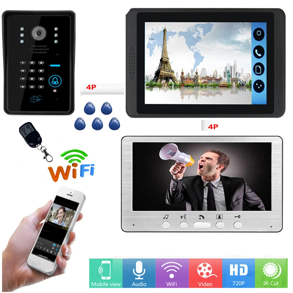 RFID пароль разблокировка видеодомофон 7 дюймов lcd Wifi беспроводной видео телефон двери дверной звонок приложение дистанционное управление визуальная система внутренней связи - Цвет: 618815MJIDS12