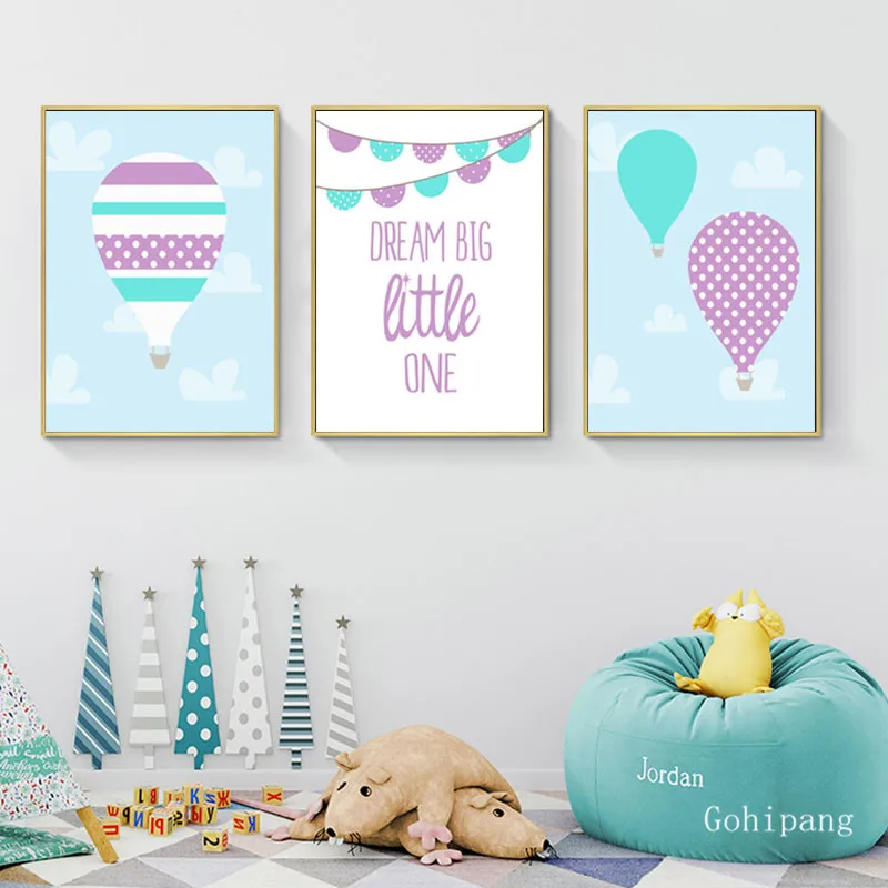 Baby Girl Nursery Art Hot Air Balloon and Dream Big Little One Quote Nordic Posters Wall Art Canvas Painting Kids Room Decor